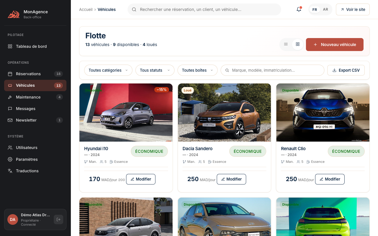 Page flotte du back-office : grille de véhicules avec photos, catégories Économique/Premium, prix, statut, bouton Modifier.