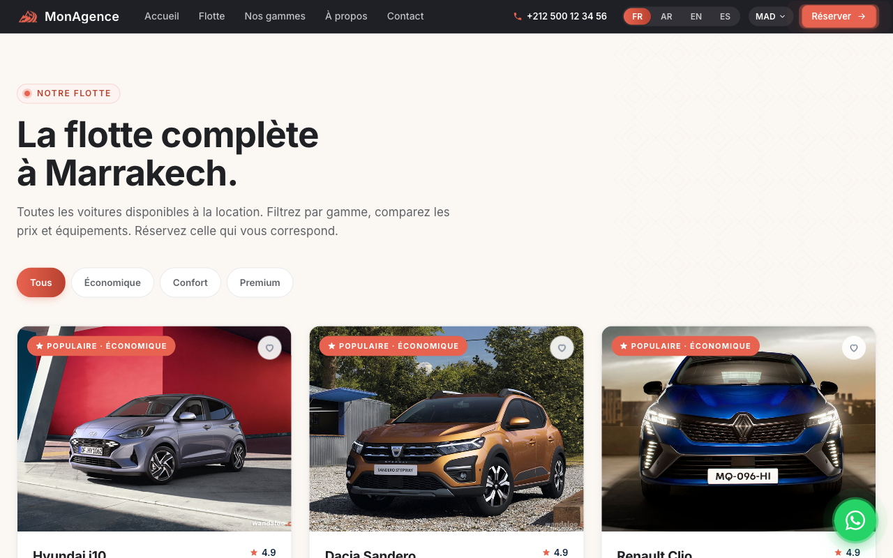 Page Flotte du site démo : titre « La flotte complète à Marrakech », filtres par gamme, cards véhicules avec photos.